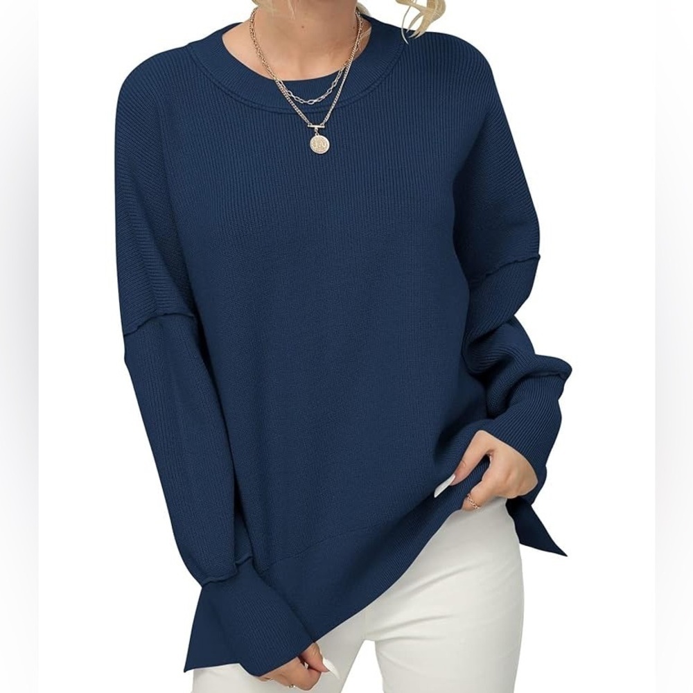 ANRABESS Blue CREWNECK COZY PULL ON Knit SWEATER WOMEN SIZE L